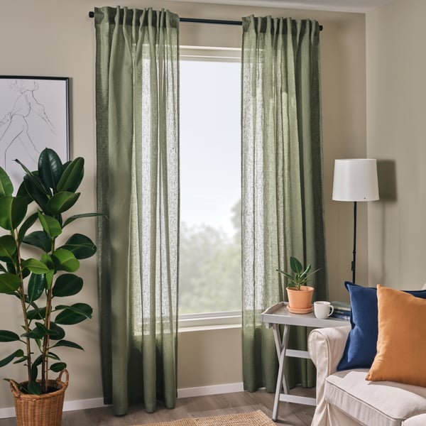 A grey-green/with heading tape DYTÅG curtains, 1 pair
