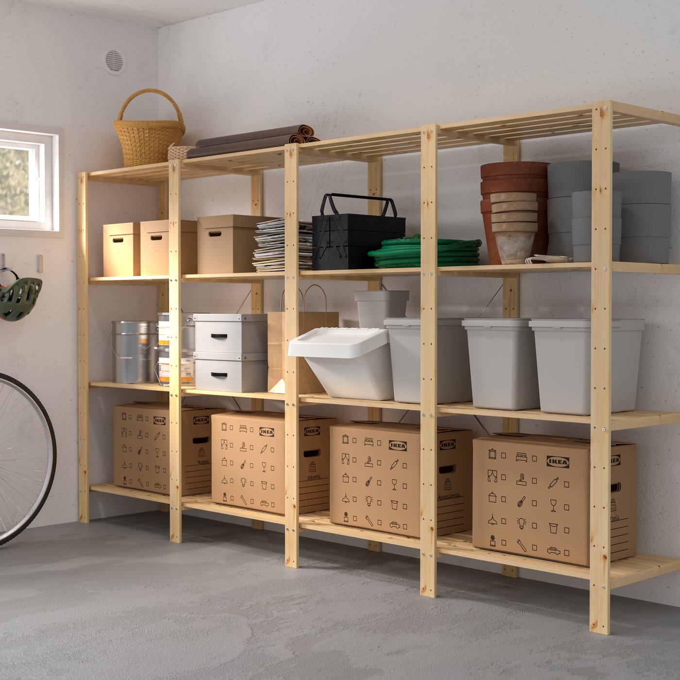 A softwood HEJNE 4 sections/shelves in the garage