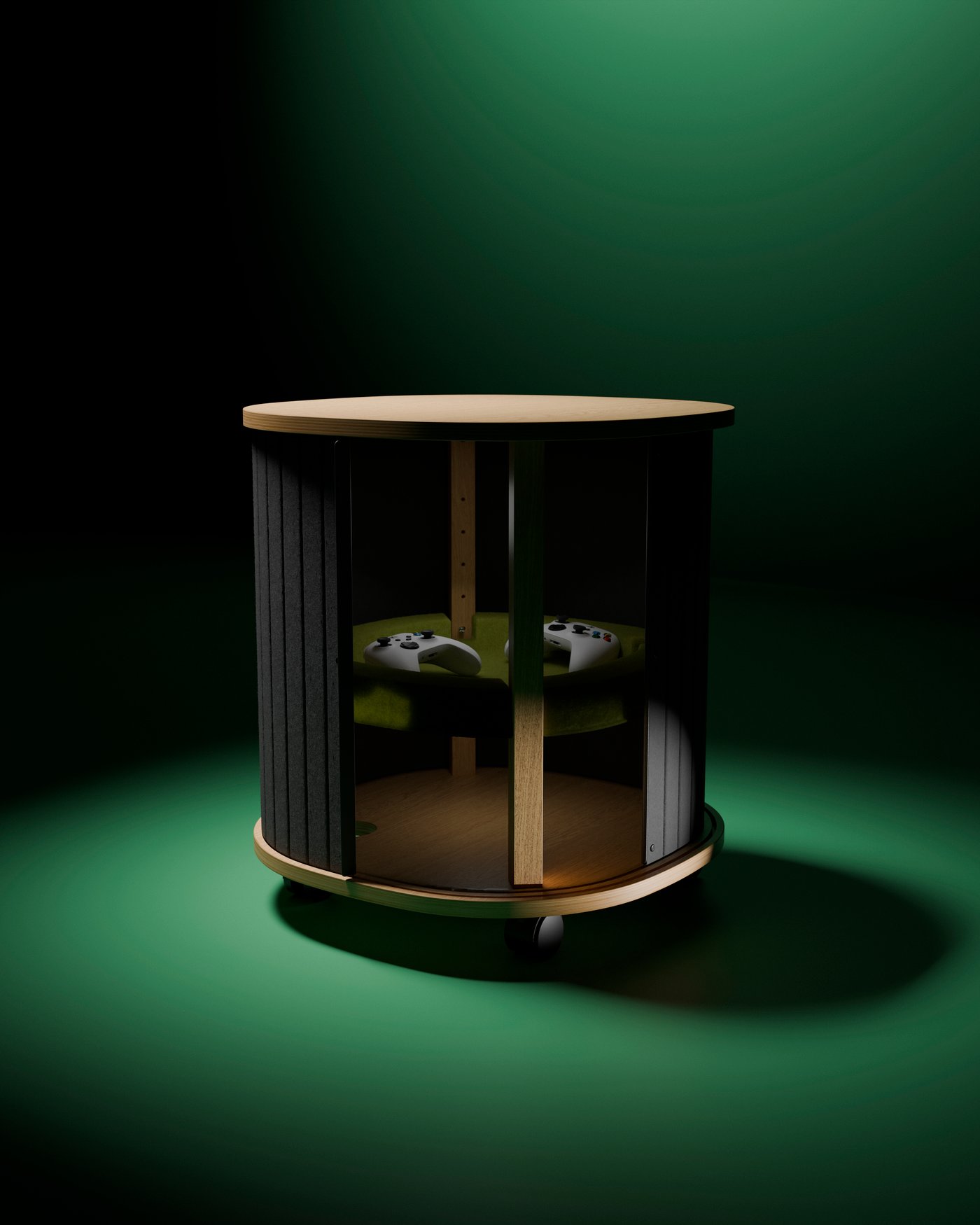 An oak veneer/grey YXSTABY gaming side table on castors