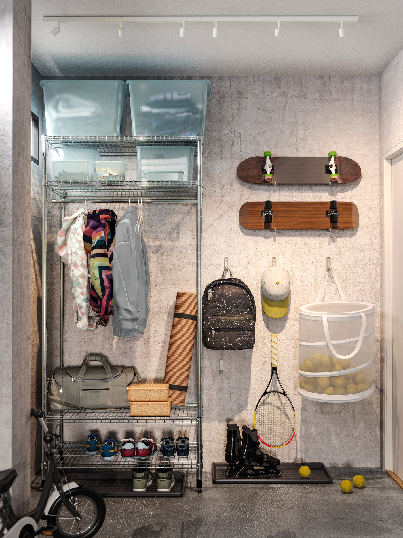 Skateboards, a racquet and a bag of tennis balls hang on a wall. Clothes, shoes and other gear are in an OMAR shelving unit.