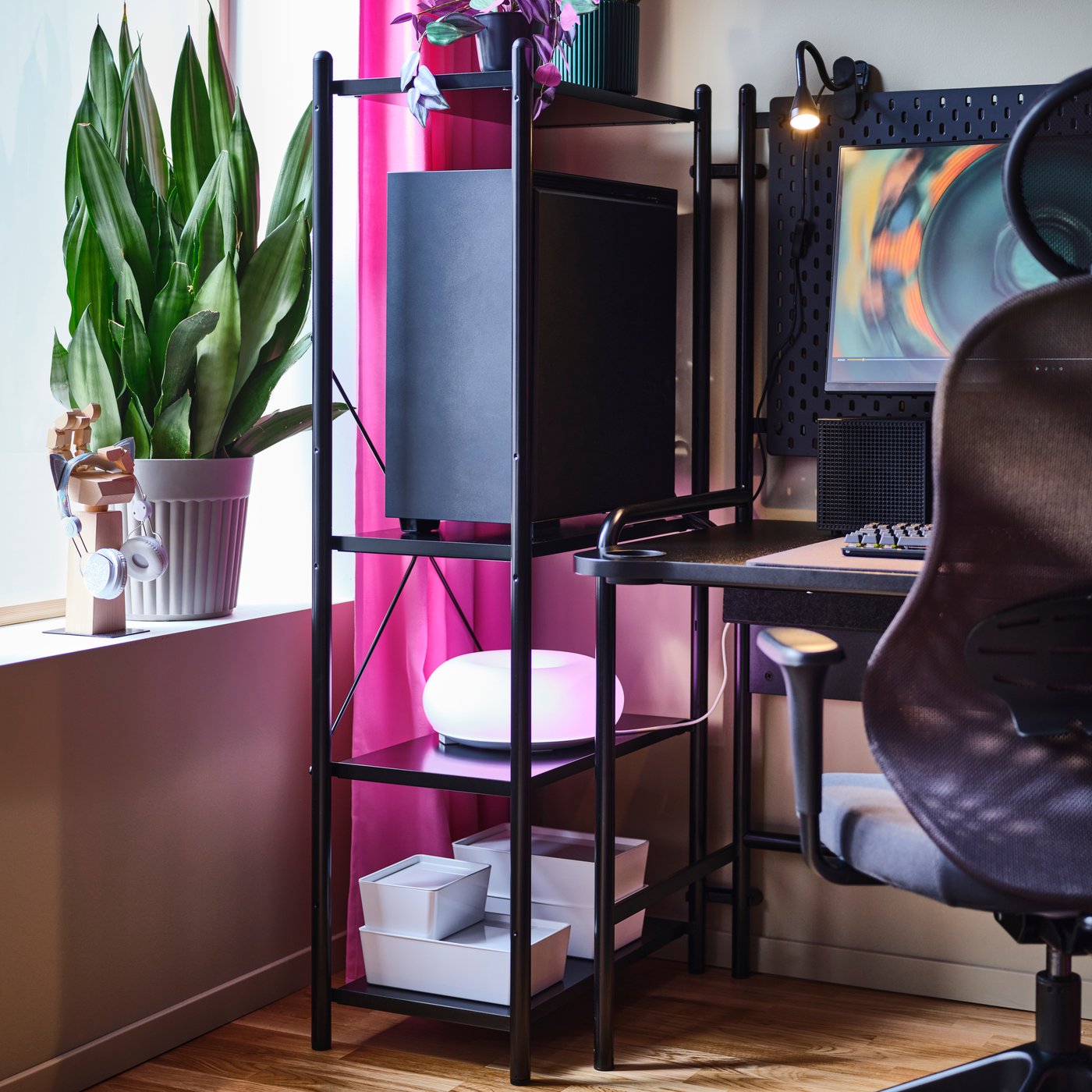A modern living room with a black FRÖSKELÅS storage unit beside a green plant placed on the sill of a bright window.