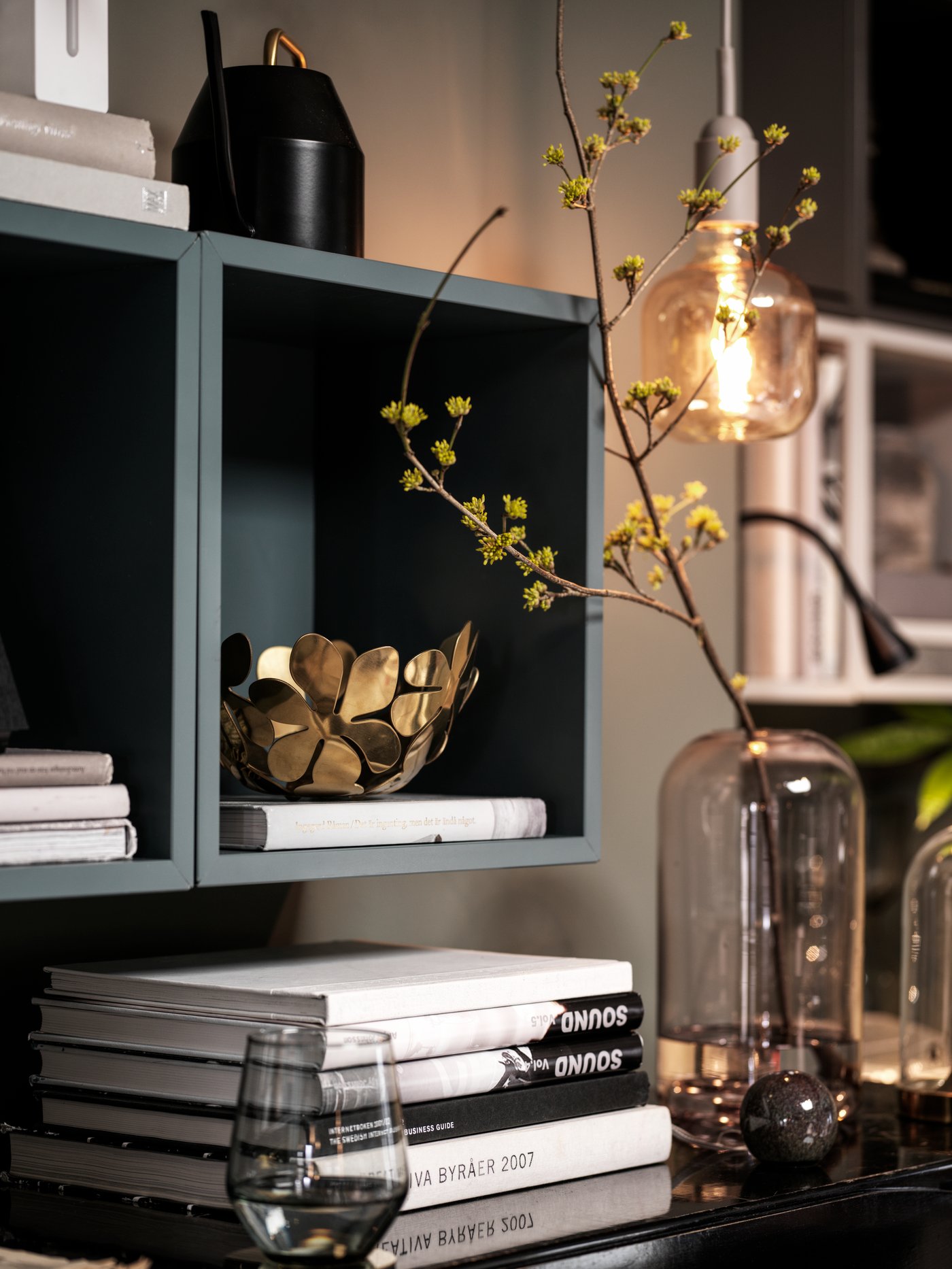 Grey-turquoise EKET wall-mounted shelving units on a living room wall. They hold, and are framed by, books and decorations.