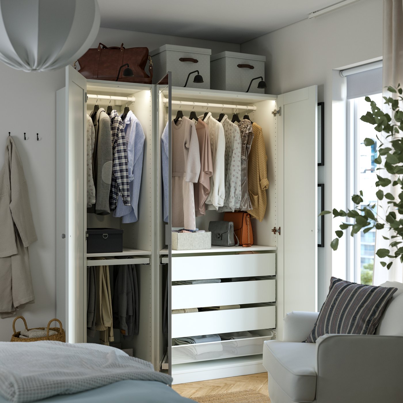 A white mirror glass/grey white PAX wardrobe combination