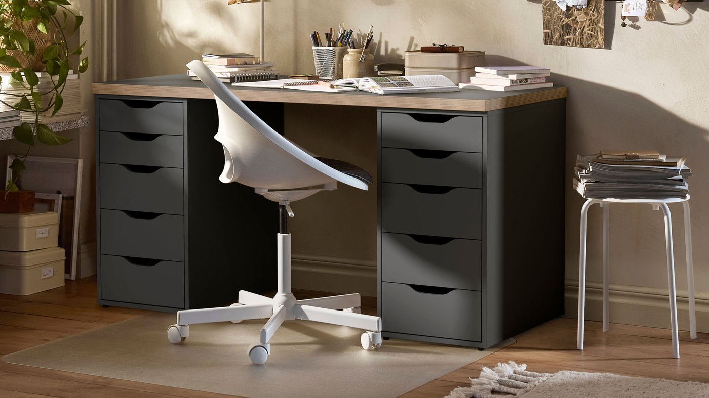 A grey/wood effect ALEX desk