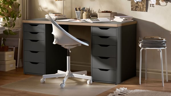 A grey/wood effect ALEX desk