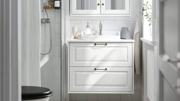 A white/white marble effect RUTSJÖN wash-stnd w drawers/wash-basin/tap