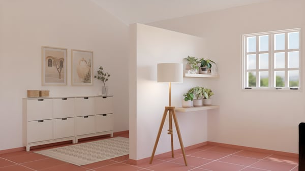 Projeto de Design de interiores de uma sala numa casa de campo com um sofá VIMLE bege.