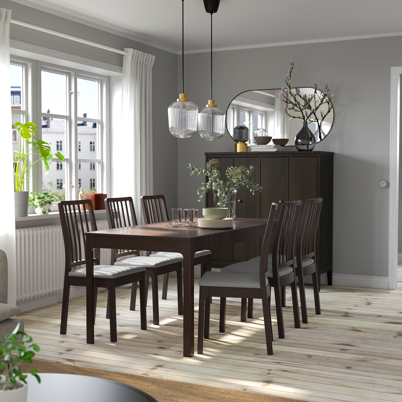 A dark brown dark brown/Orrsta light grey EKEDALEN table and 6 chairs