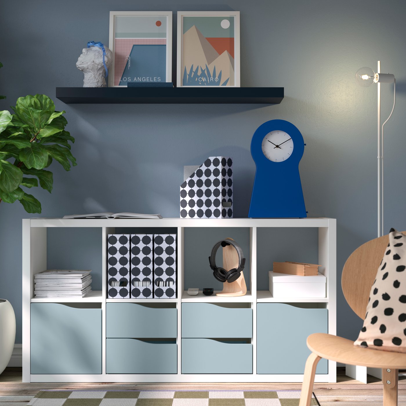 A white KALLAX shelving unit