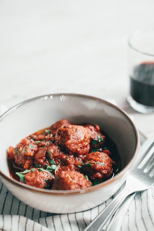 Vegetarian albóndigas made with plant-based Swedish meatballs in a bowl