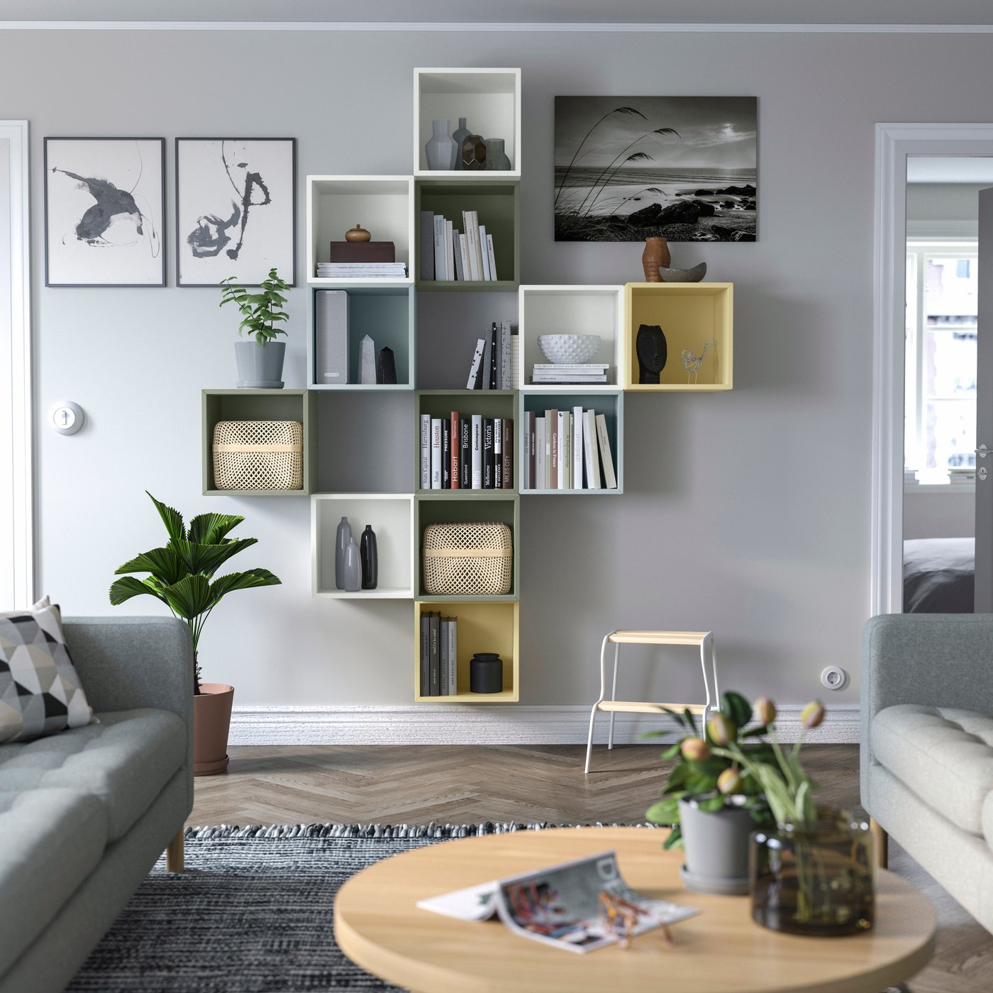 A multicolour/white EKET wall-mounted cabinet combination