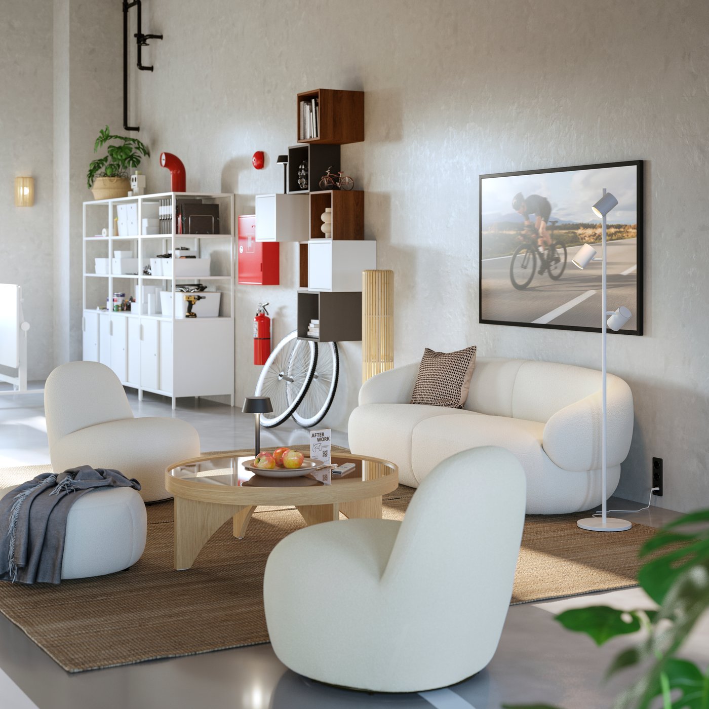 Chill-out space with a homely vibe. One soft two-seater sofa and two easy chairs encircle a wooden coffee table.