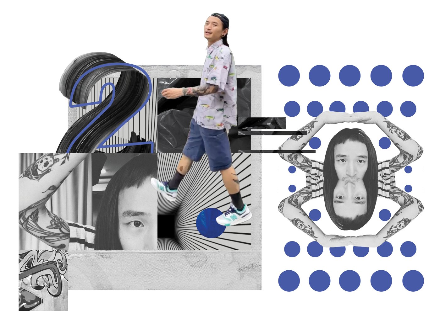 Moodboard en noir, gris et bleu, avec des portraits de Ronos.