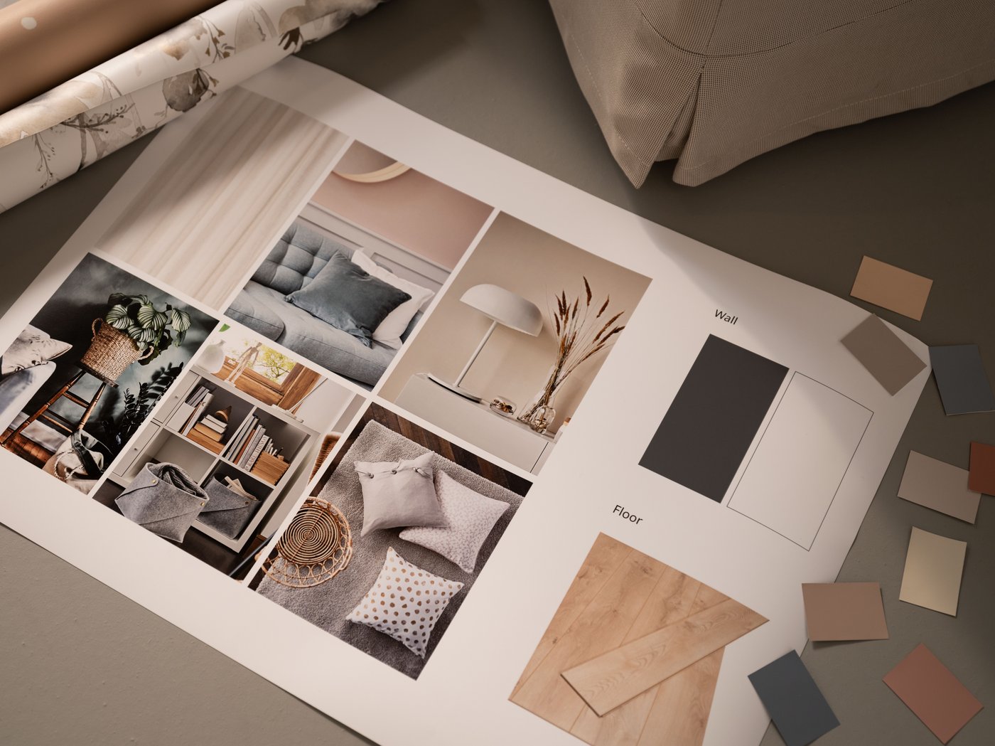 A printed moodboard showing products and colour combinations.