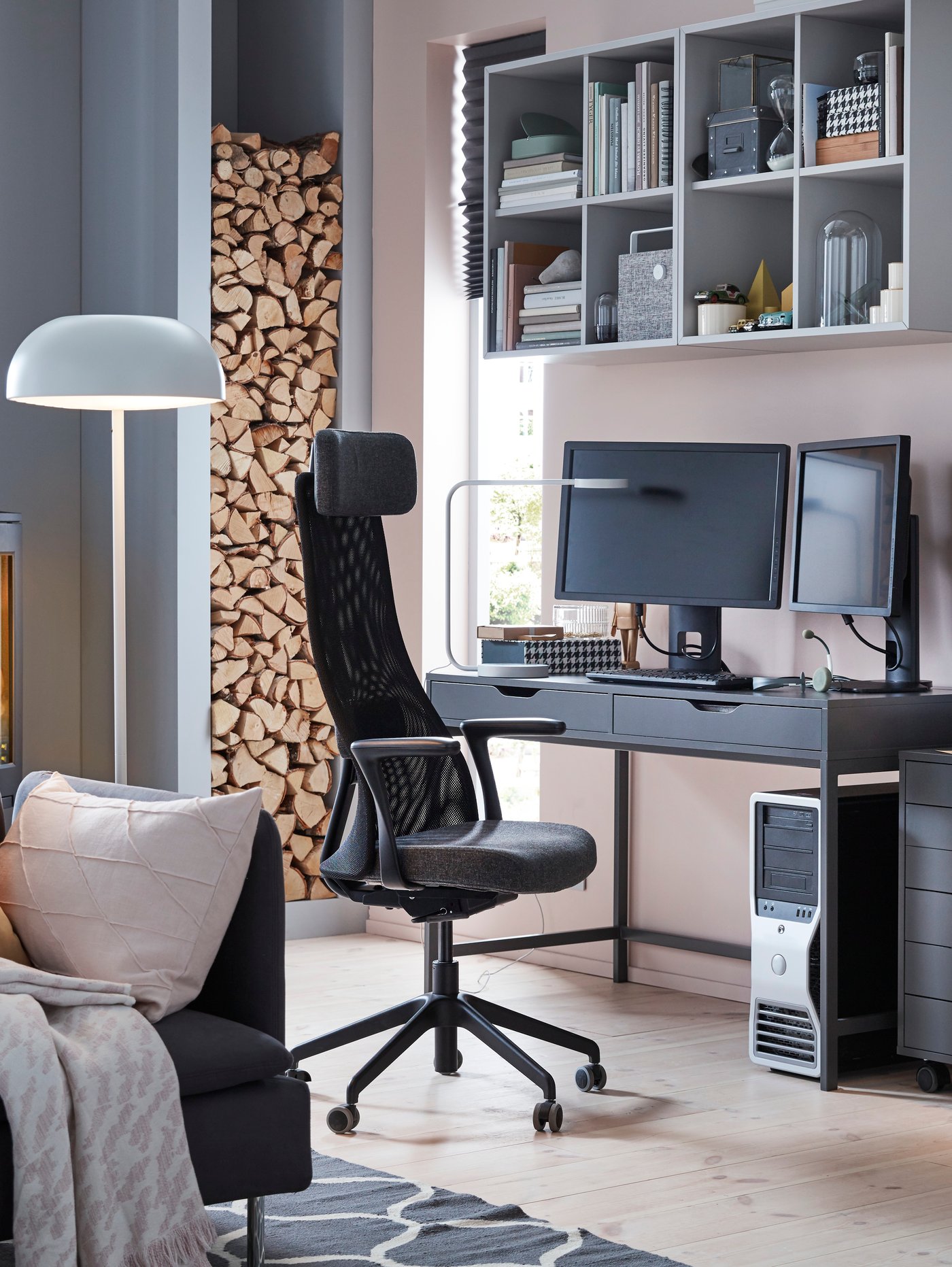 A white ENEBY bluetooth speaker in the home office