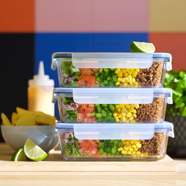 A rectangular/glass IKEA 365+ food container with lid in the NA