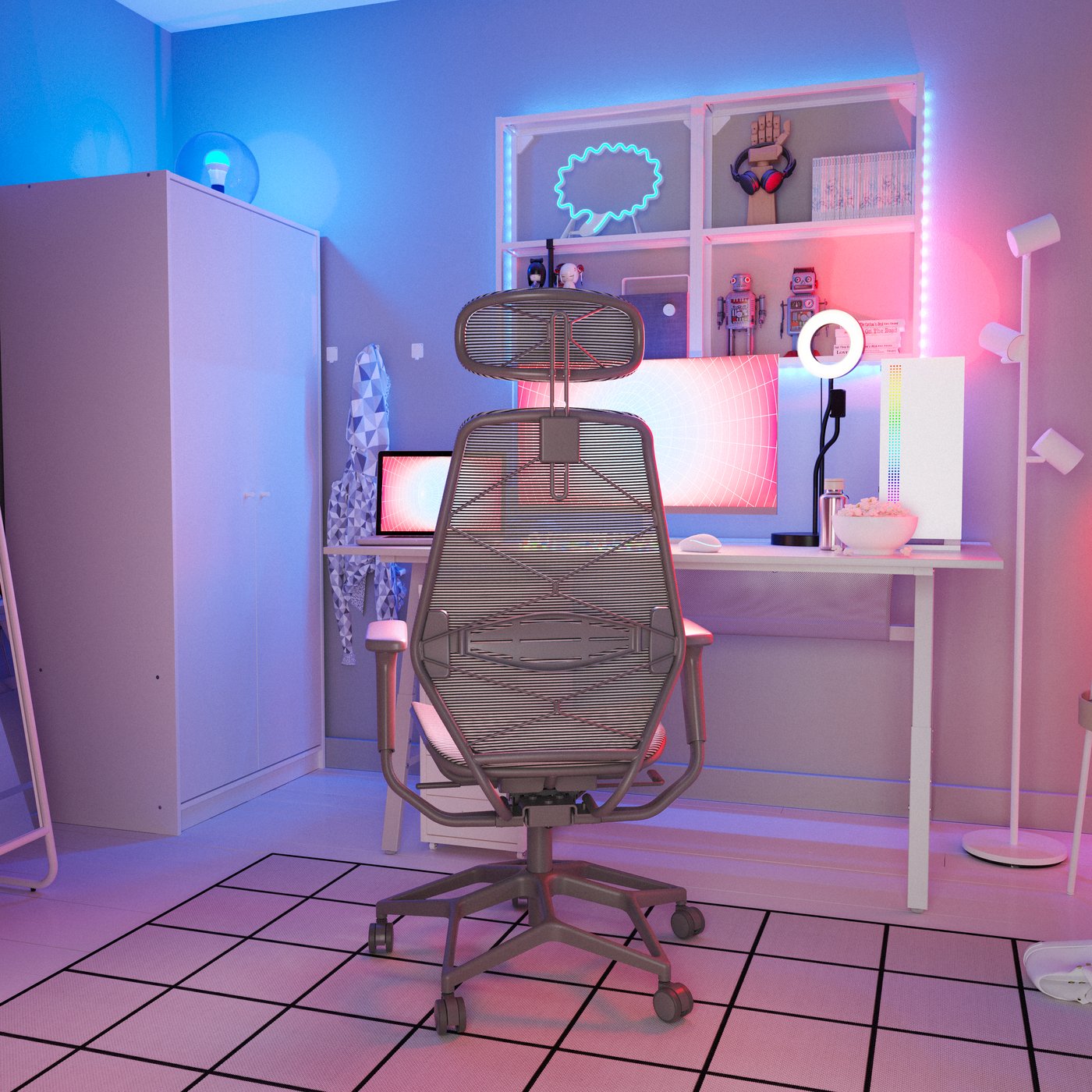 A STYRSPEL gaming chair is in front of a desk in a room with a purplish-pink glow. A LÅNESPELARE ring light is on the desk.