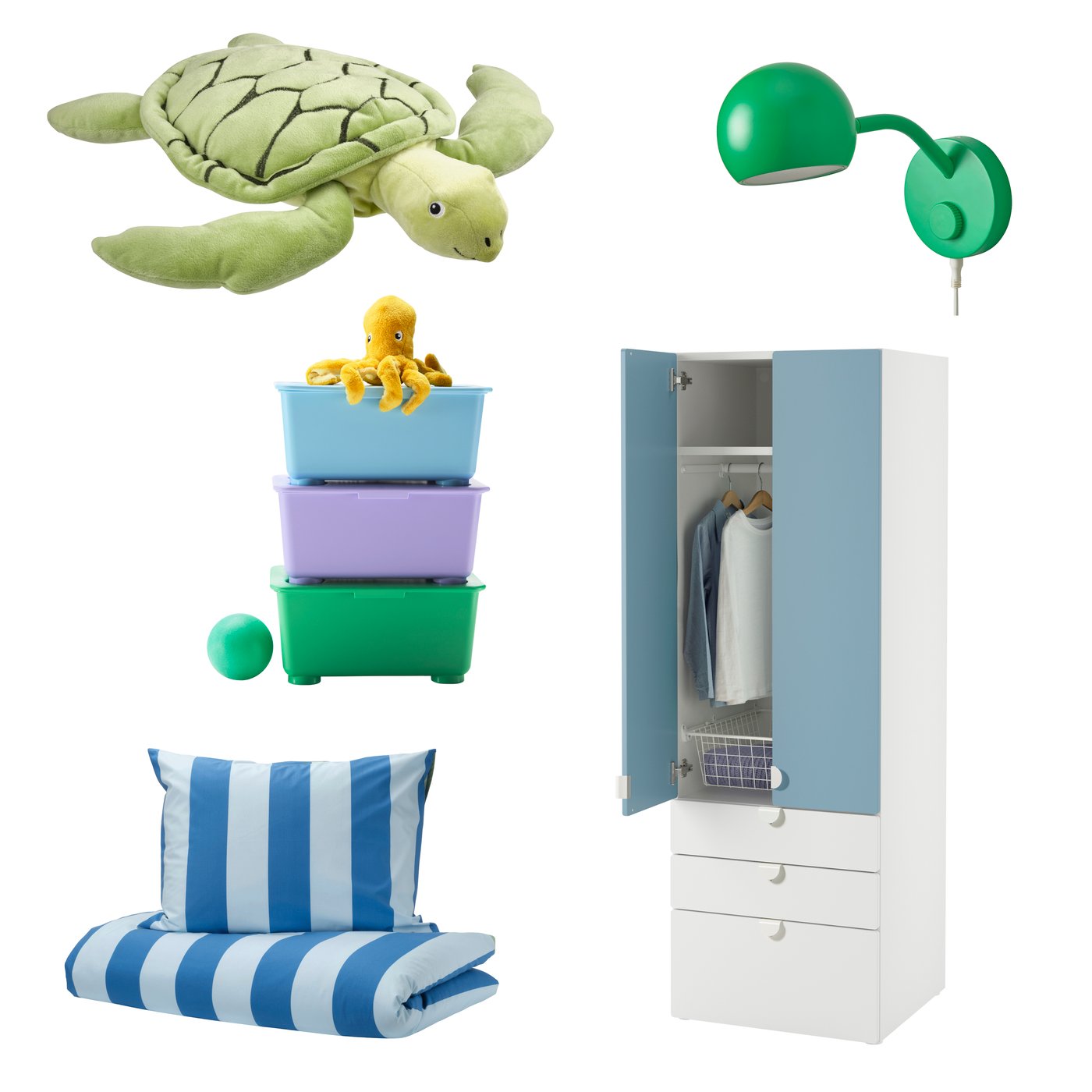 A BLÅVINGAD soft toy turtle, a green KORVSNÖRE wall lamp, a SMÅSTAD/PLATSA cabinet, a BARNDRÖM duvet cover, some GLIS boxes.