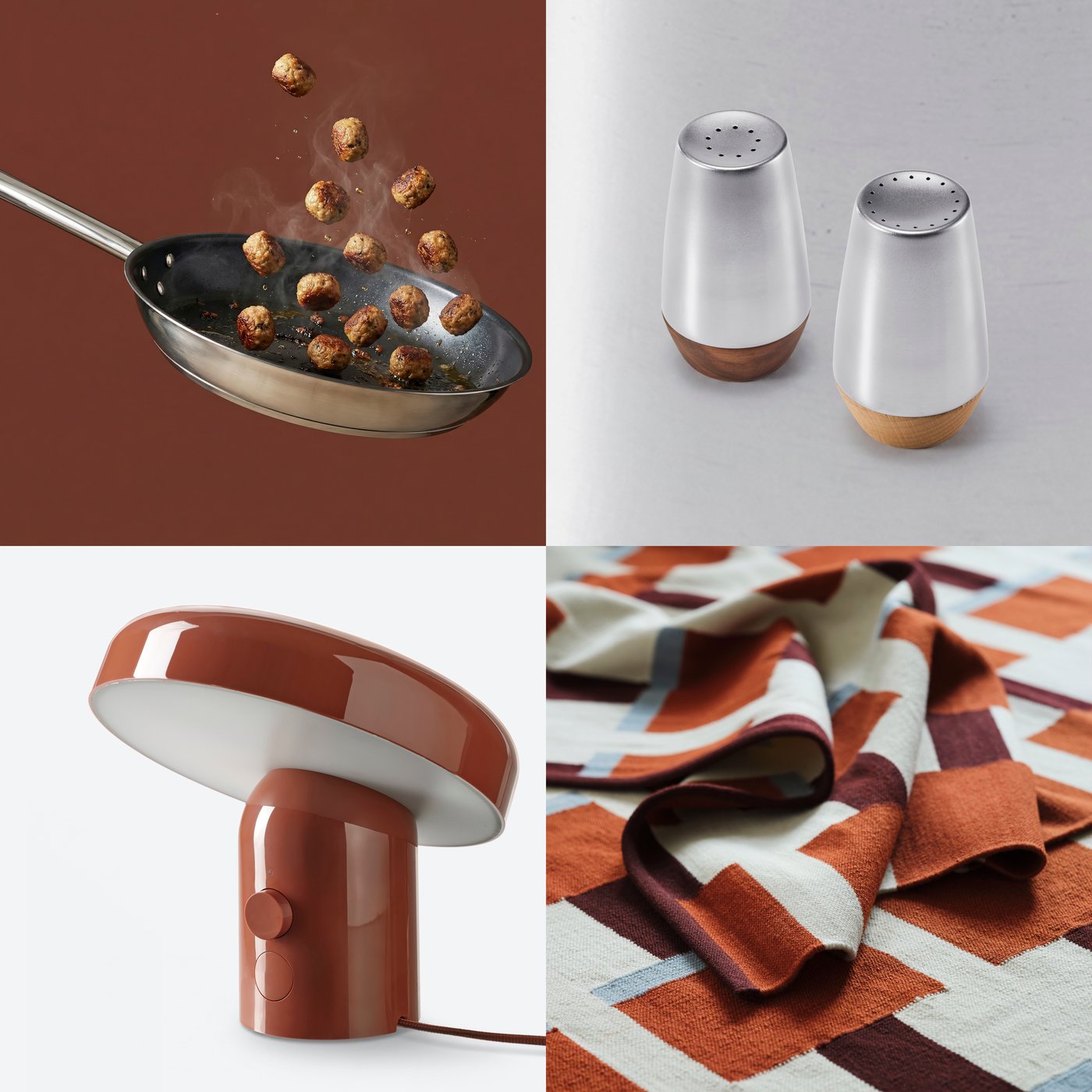 IKEA products in red and brown: BLOMPRAKT Bluetooth speaker lamp, AFTONHAJ salt and pepper shakers and STOCKHOLM 2025 rug.