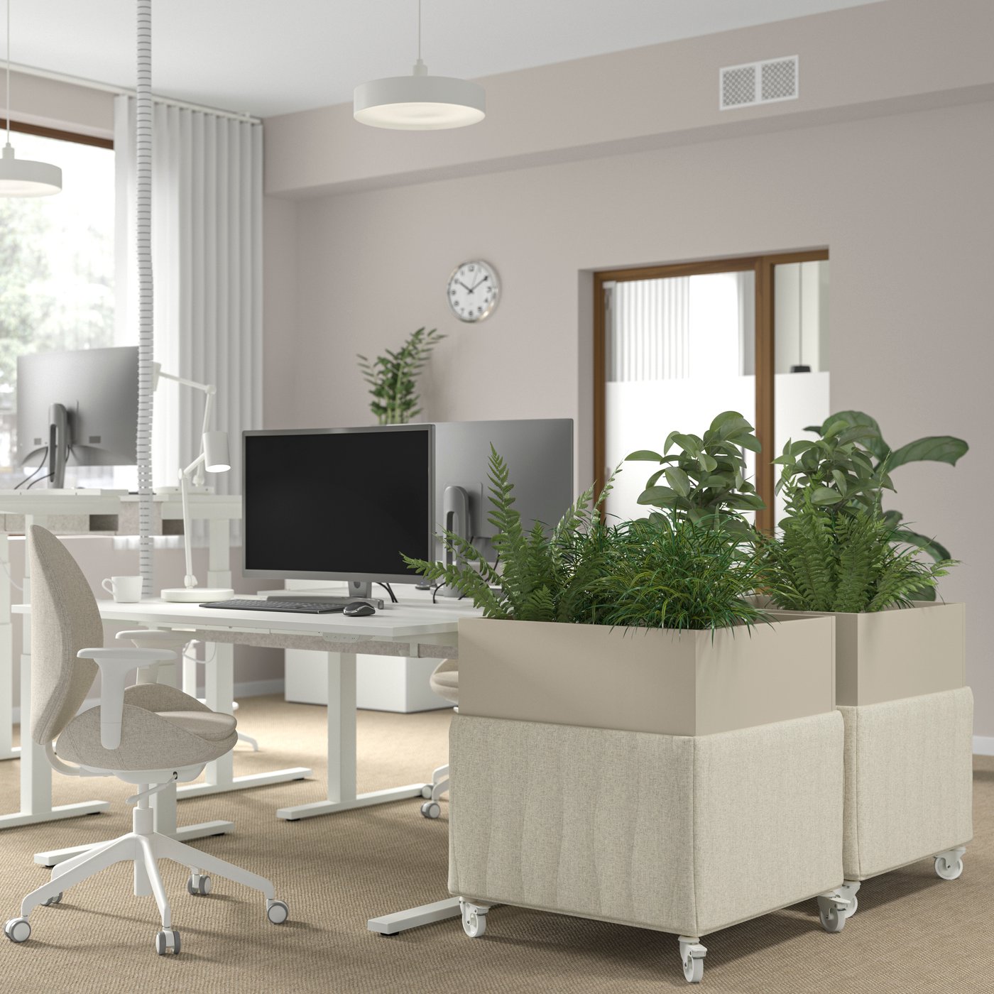 A Gunnared beige MITTZON acoustic plant box with castors