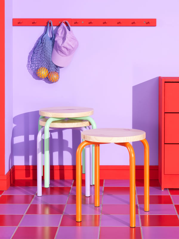 An orange/pine DOMSTEN stool