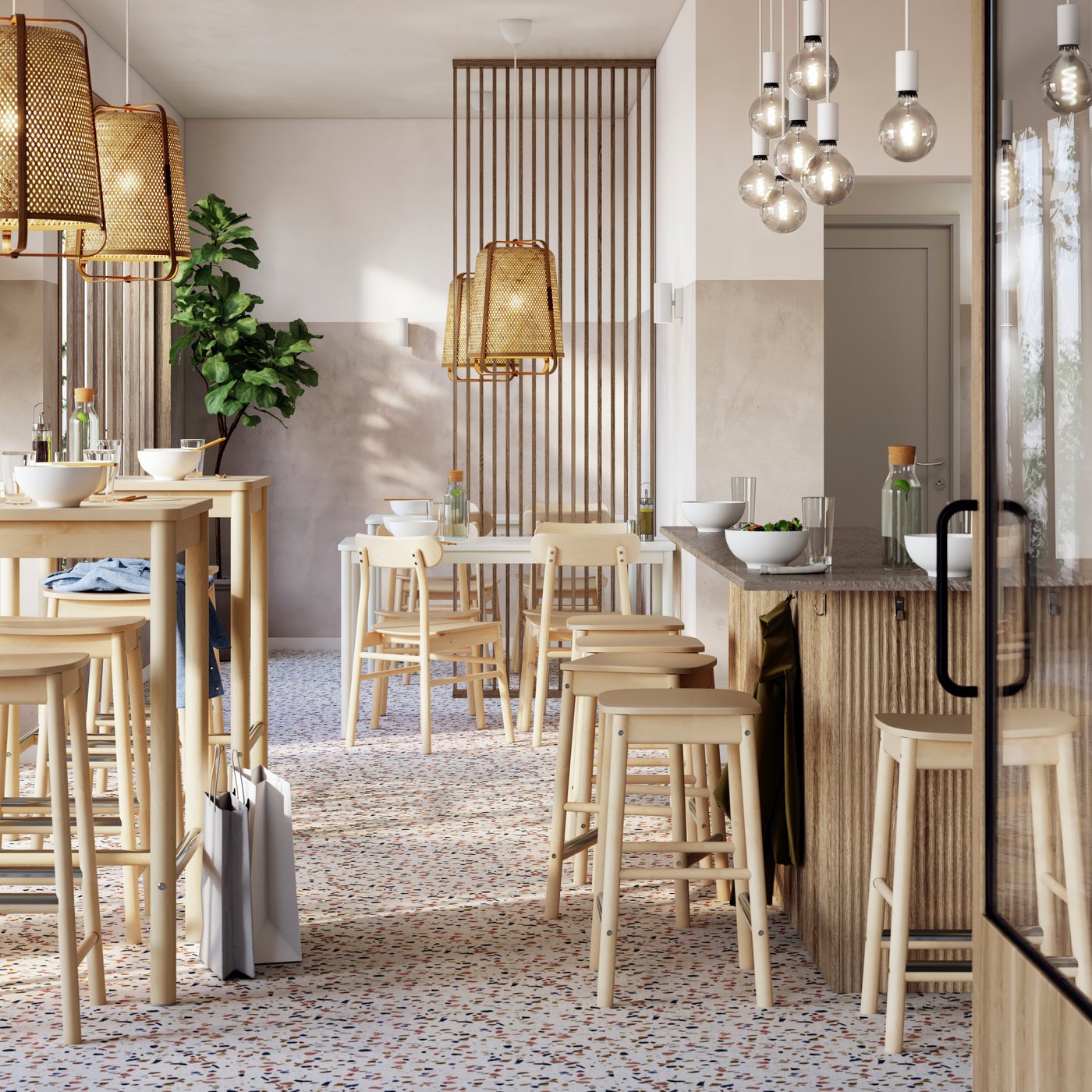 A light, airy restaurant with tidily arranged RÖNNINGE birch bar tables and bar stools under KNIXHULT bamboo pendant lamps.