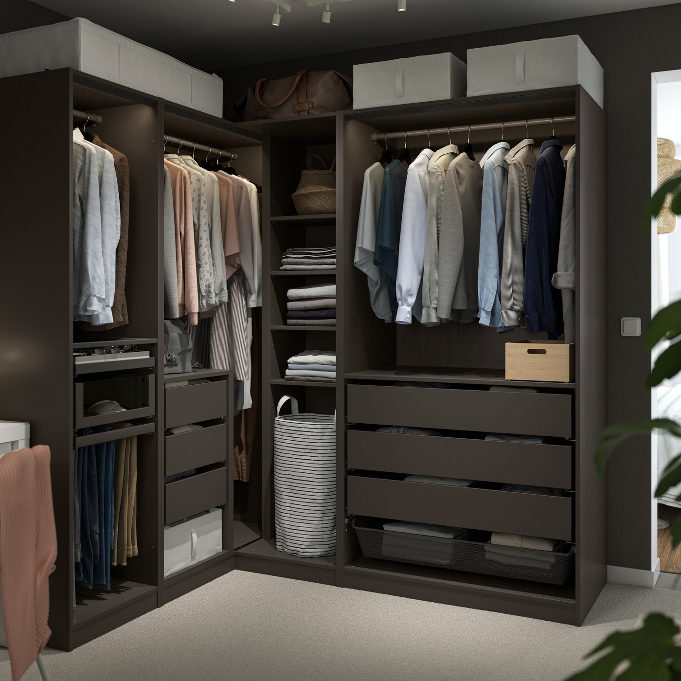 A dark grey PAX corner wardrobe in the bedroom