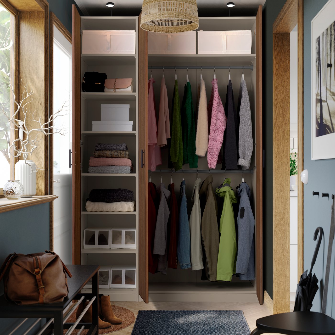 A grey-beige/walnut veneer BJÖRNESKOGEN wardrobe combination
