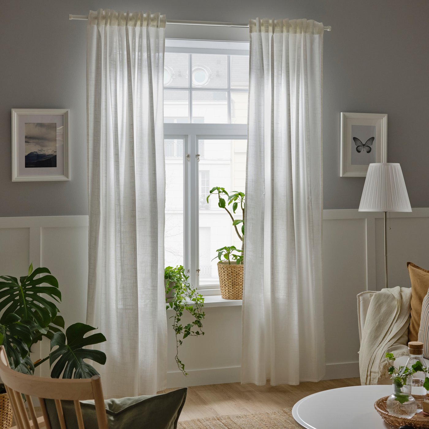A white/with heading tape SILVERLÖNN sheer curtains, 1 pair