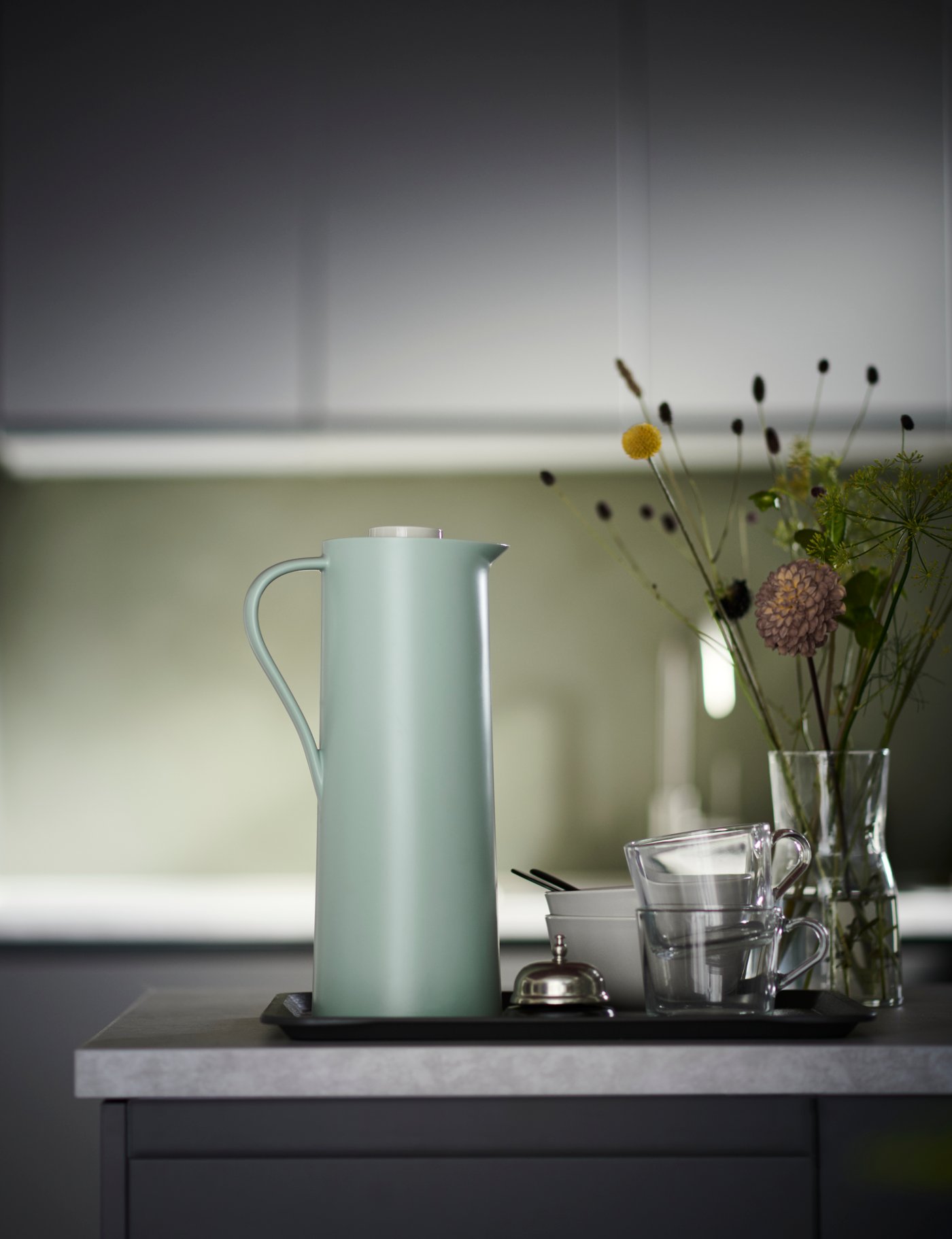 A grey TILLGÅNG tray in the kitchen