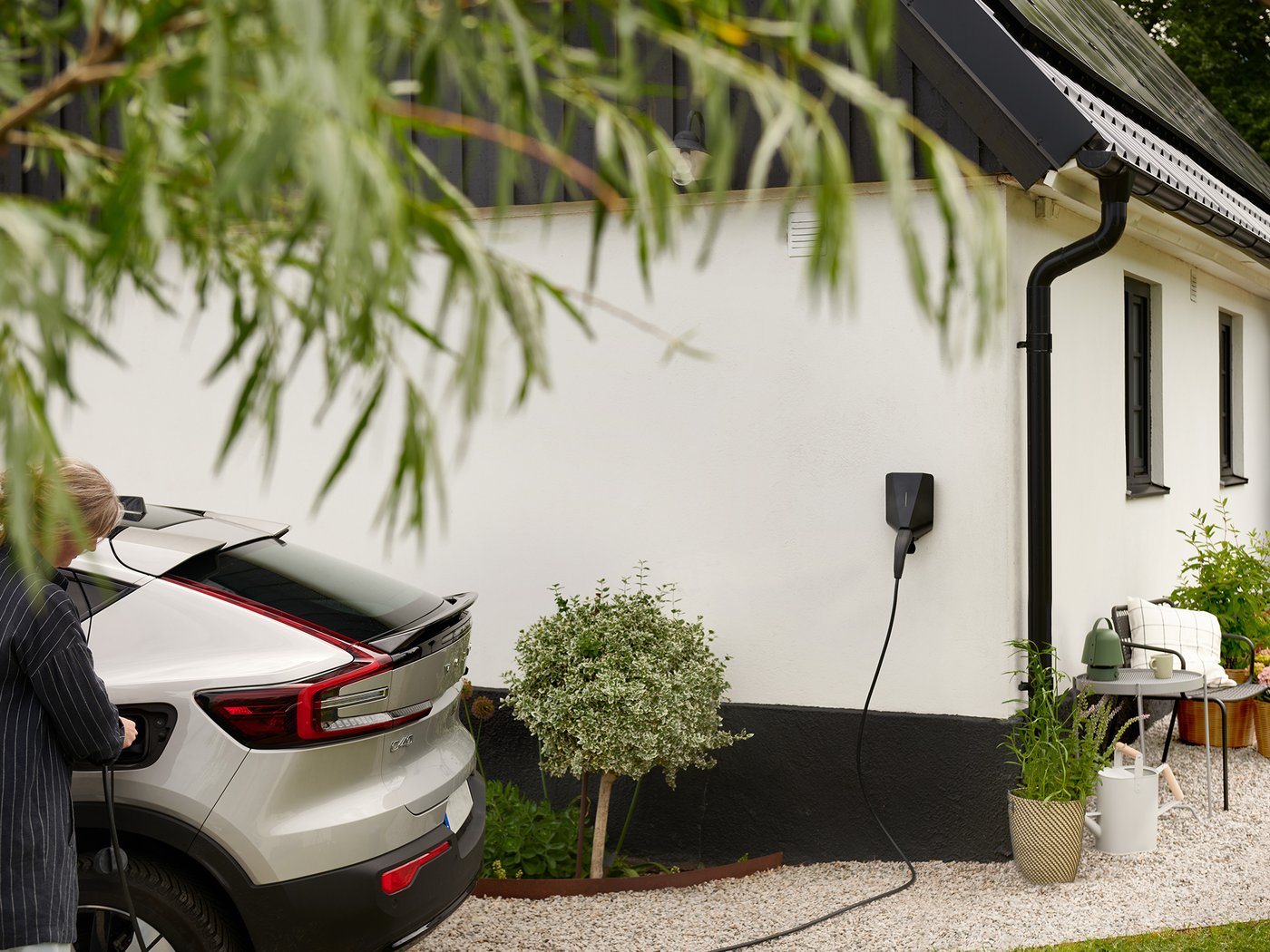 Une voiture électrique blanche en cours de charge devant une maison blanche avec des reflets noirs. Le câble de charge est branché sur un chargeur mural fixé sur le côté de la maison.