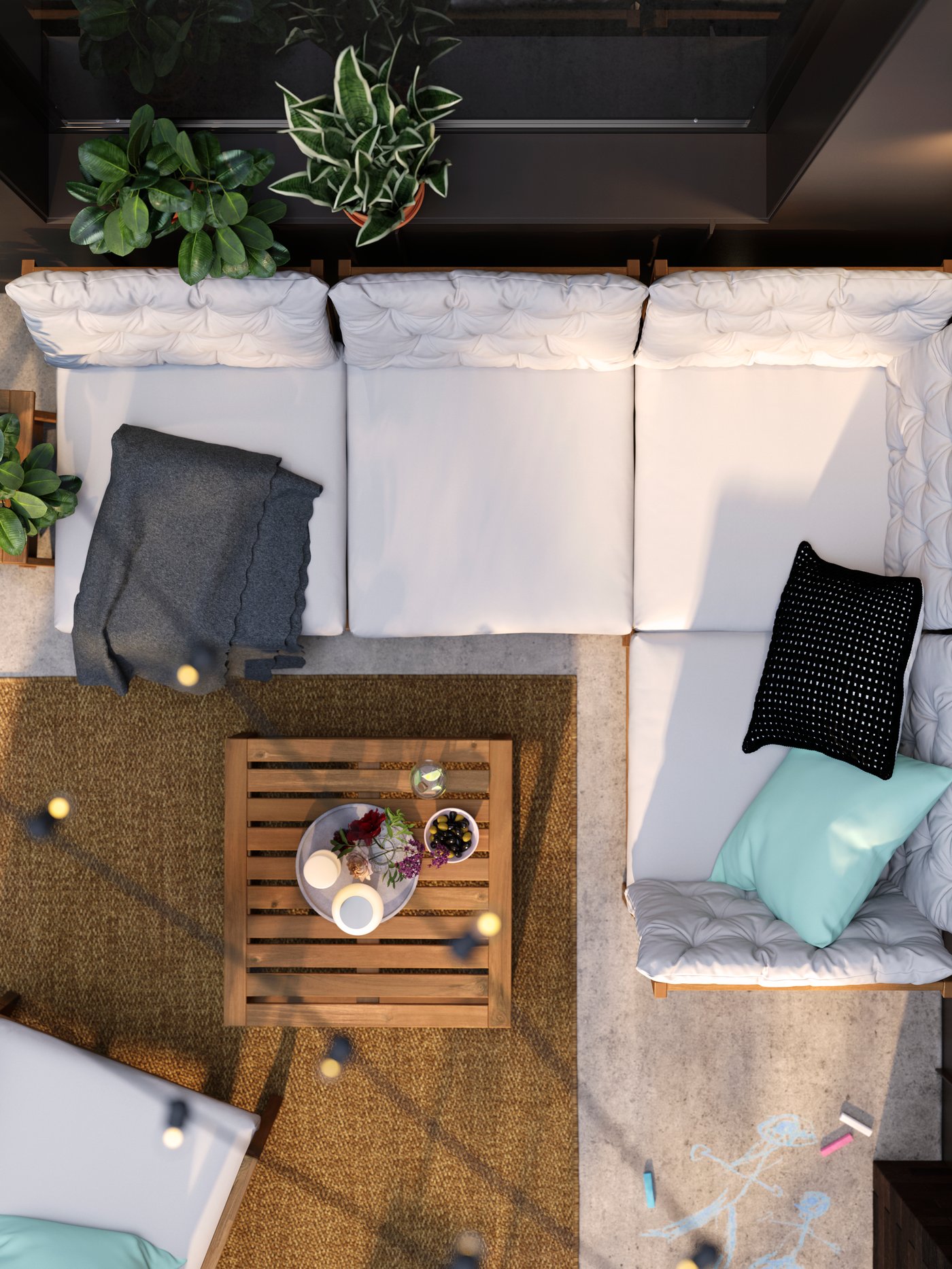 A NÄMMARÖ 3-seat modular outdoor corner sofa in solid acacia seen from above on a patio with grey-beige KUDDARNA cushions.