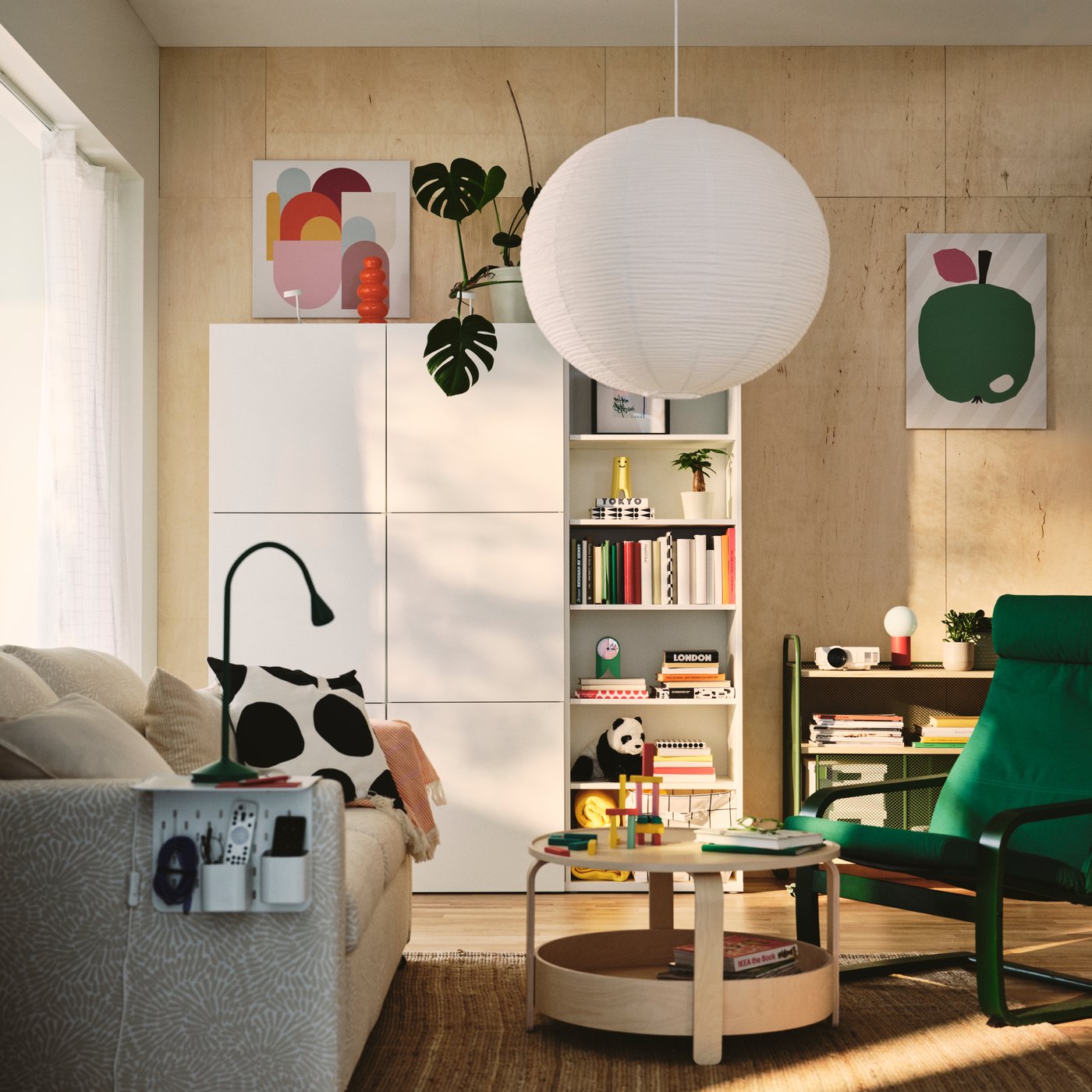 A living room features a light beige/white SALTSJÖBADEN 2-seat sofa-bed made from Vittangi.