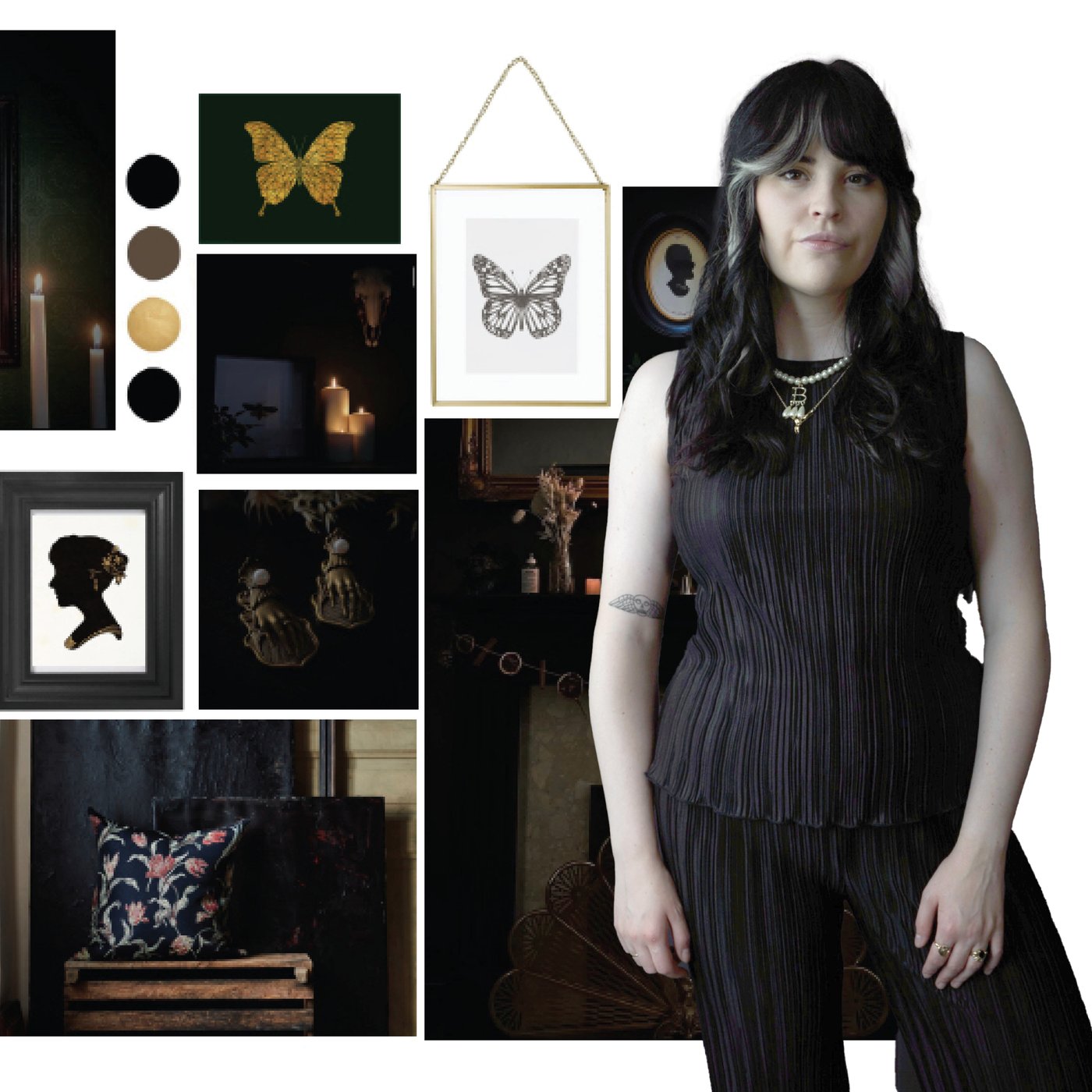A gothic themed collage with a portrait of Beth and images of skulls, butterflies, and lit candles.