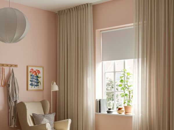 An off-white dark grey/striped with heading tape MAISTANGG curtains, 1 pair in the bedroom