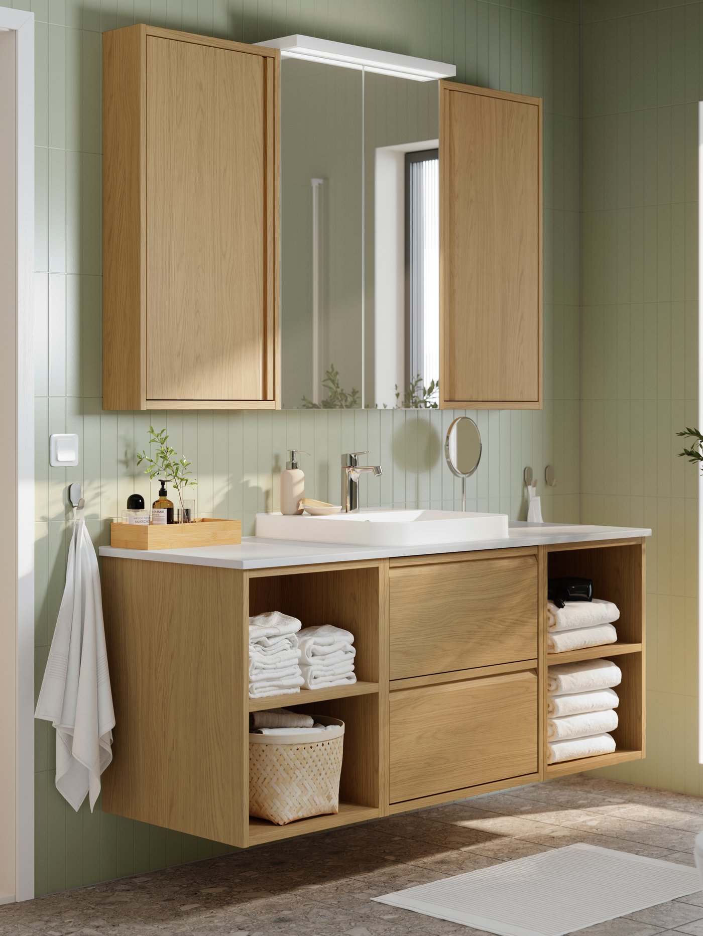 An oak effect/white marble effect BACKSJÖN wash-stand/wash-basin/tap in the bathroom