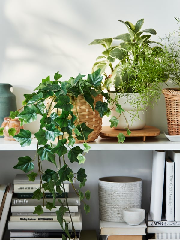 Una sección de un librero blanco BILLY lleno de una mezcla de libros y plantas artificiales FEJKA en varias macetas.