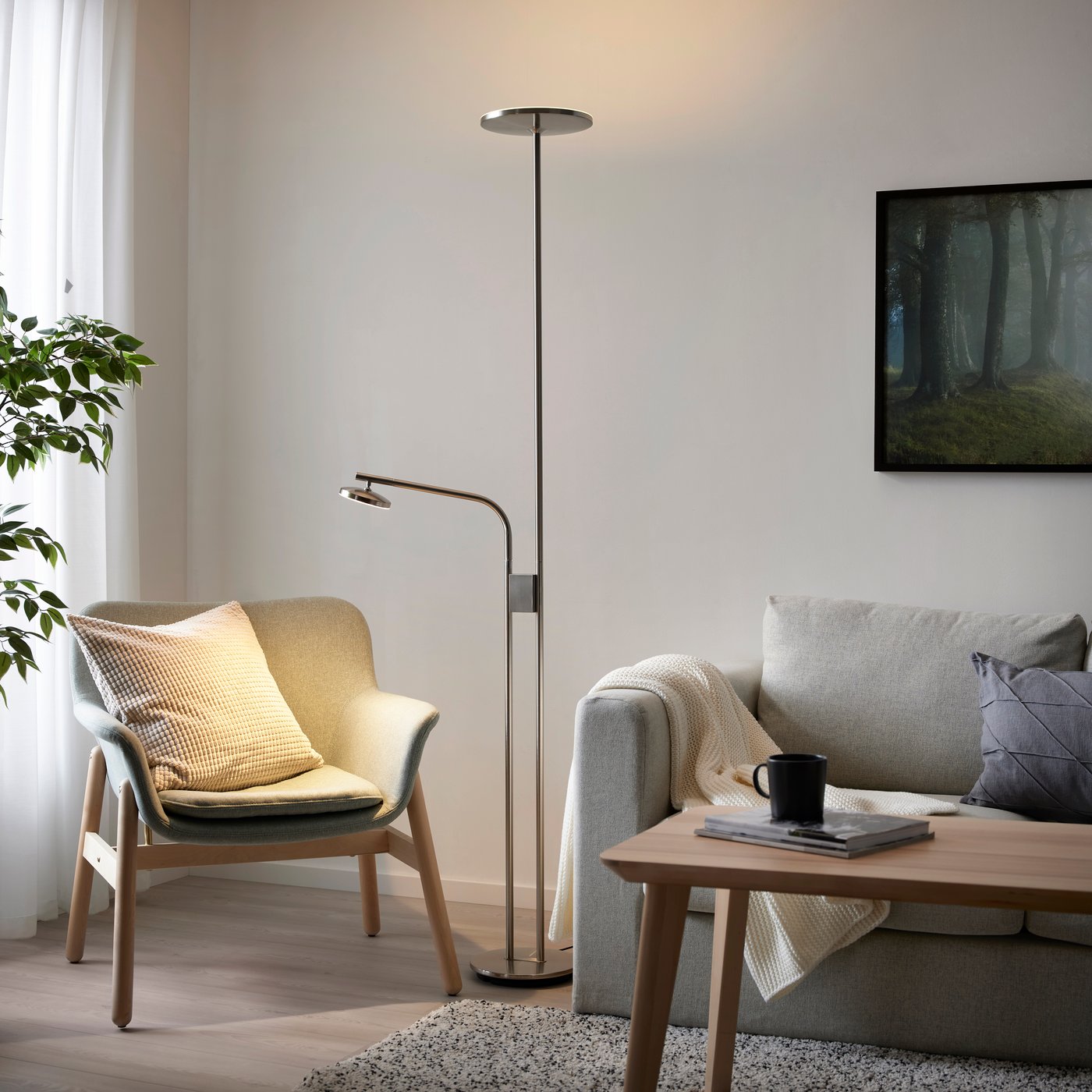 A dimmable/nickel-plated ISJAKT LED floor uplighter/reading lamp
