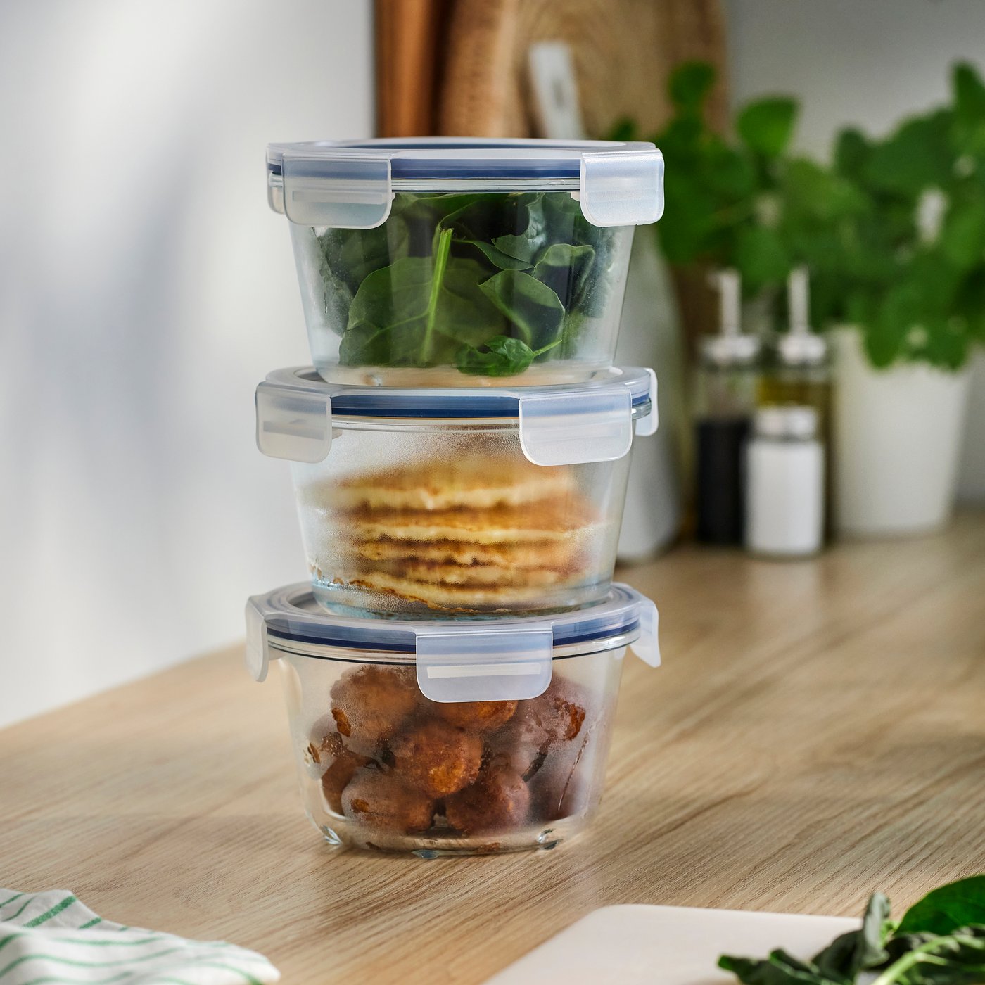A round/glass IKEA 365+ food container with lid in the kitchen