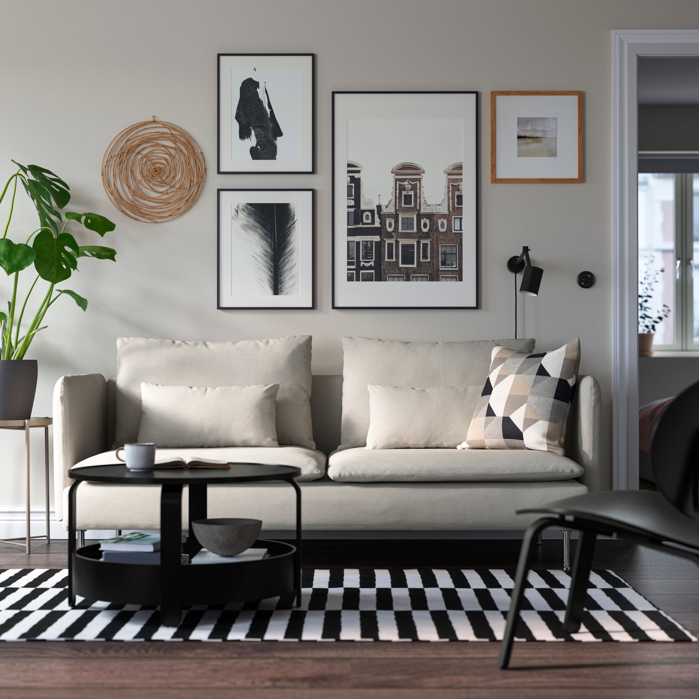 A Fridtuna light beige SÖDERHAMN 3-seat sofa in the living room