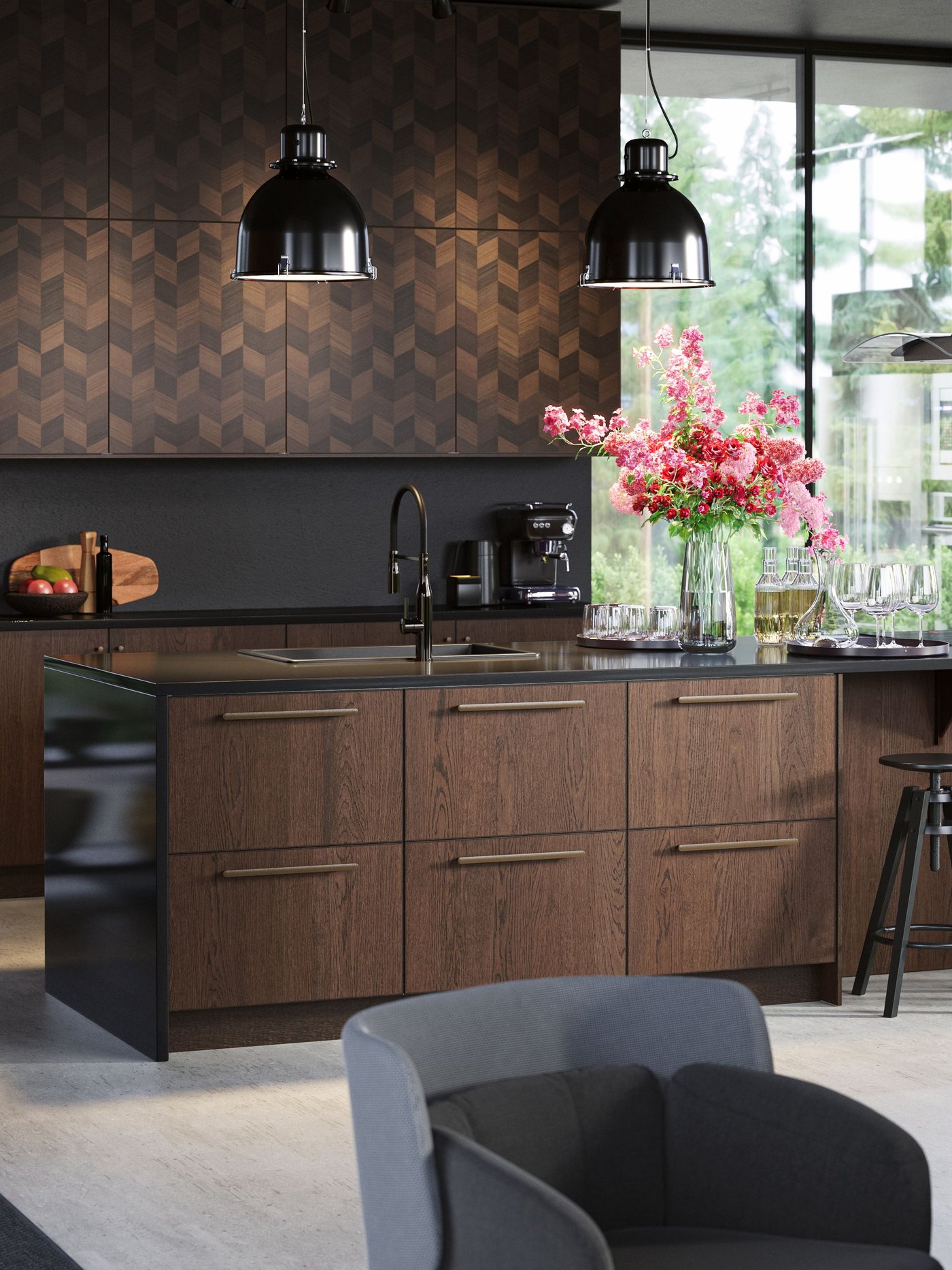 A large stylish kitchen island with wooden fronts. Black bar stools, black pendant lamps, a ceiling-mounted extractor.