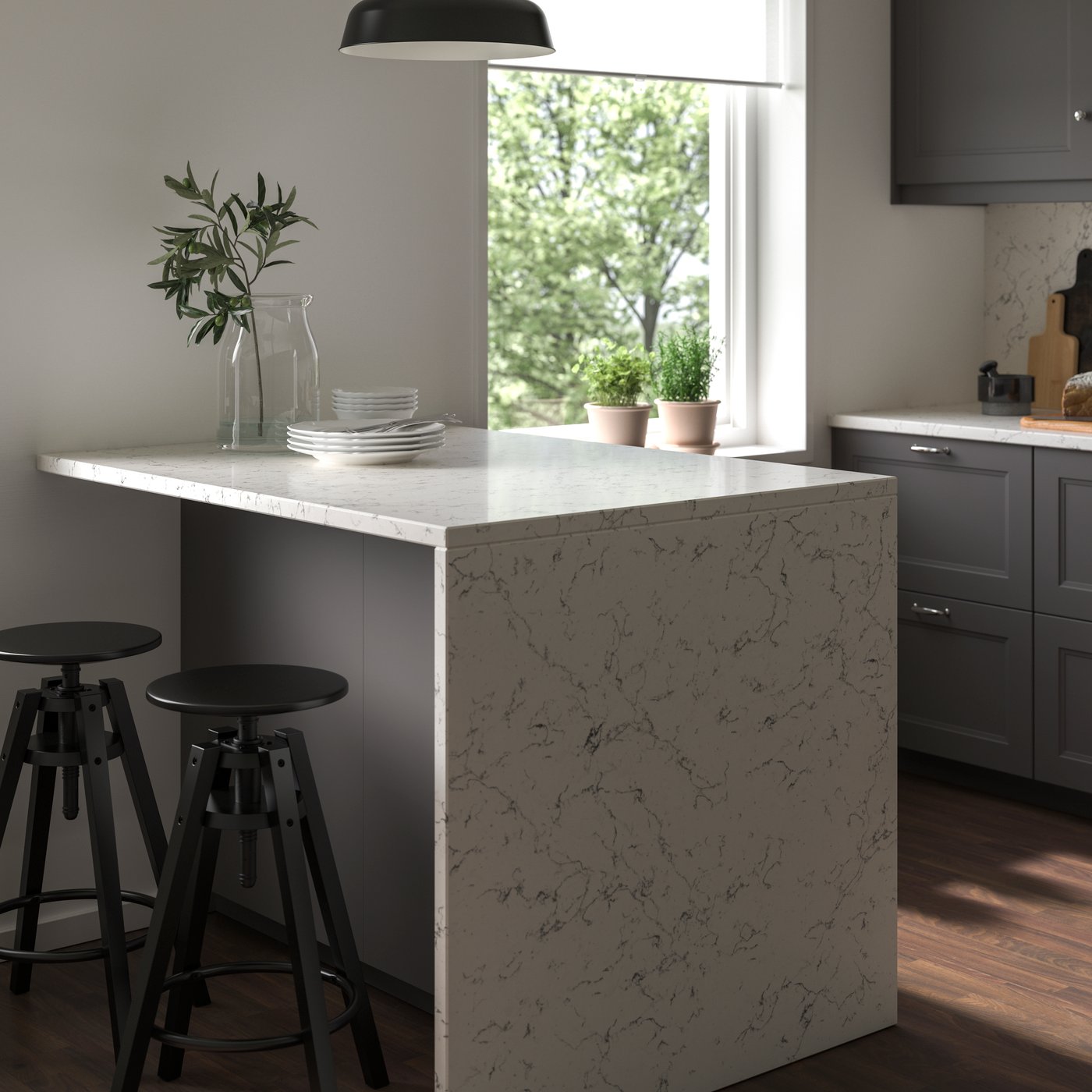 An off-white grey marble effect/glass composite LOCKEBO custom-made countertop.