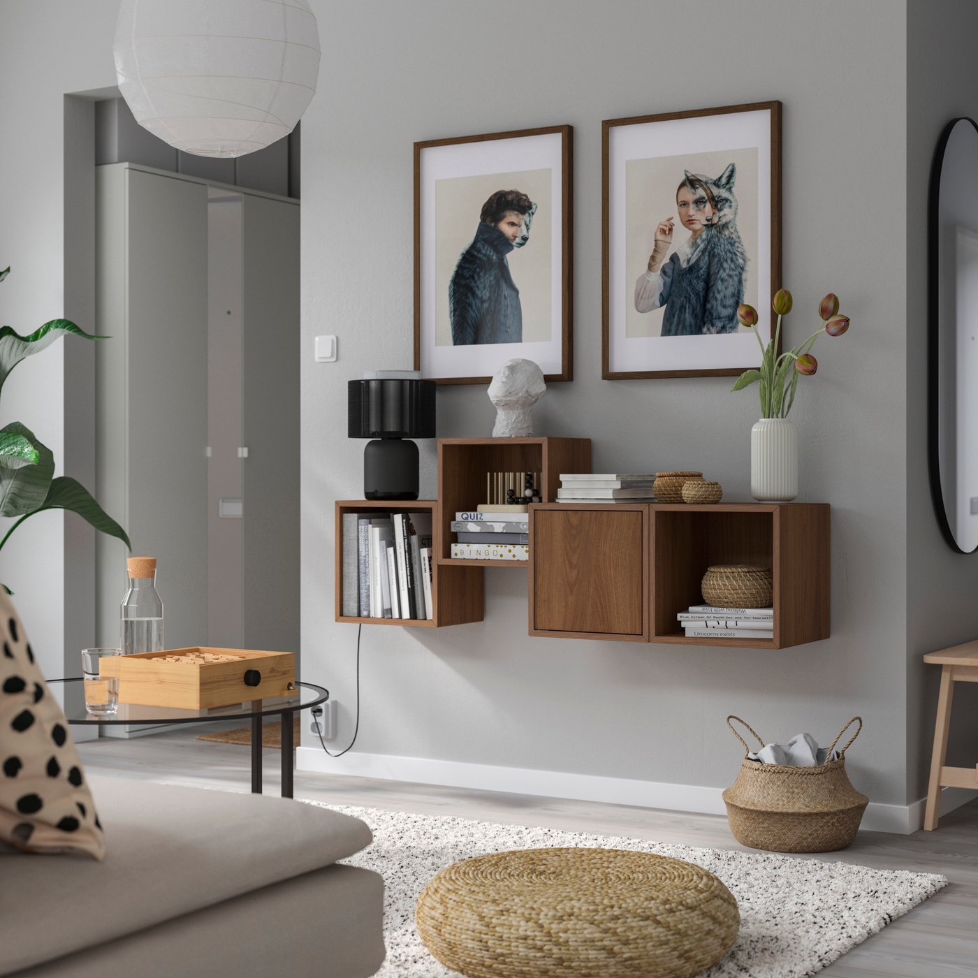 A walnut EKET wall-mounted cabinet combination