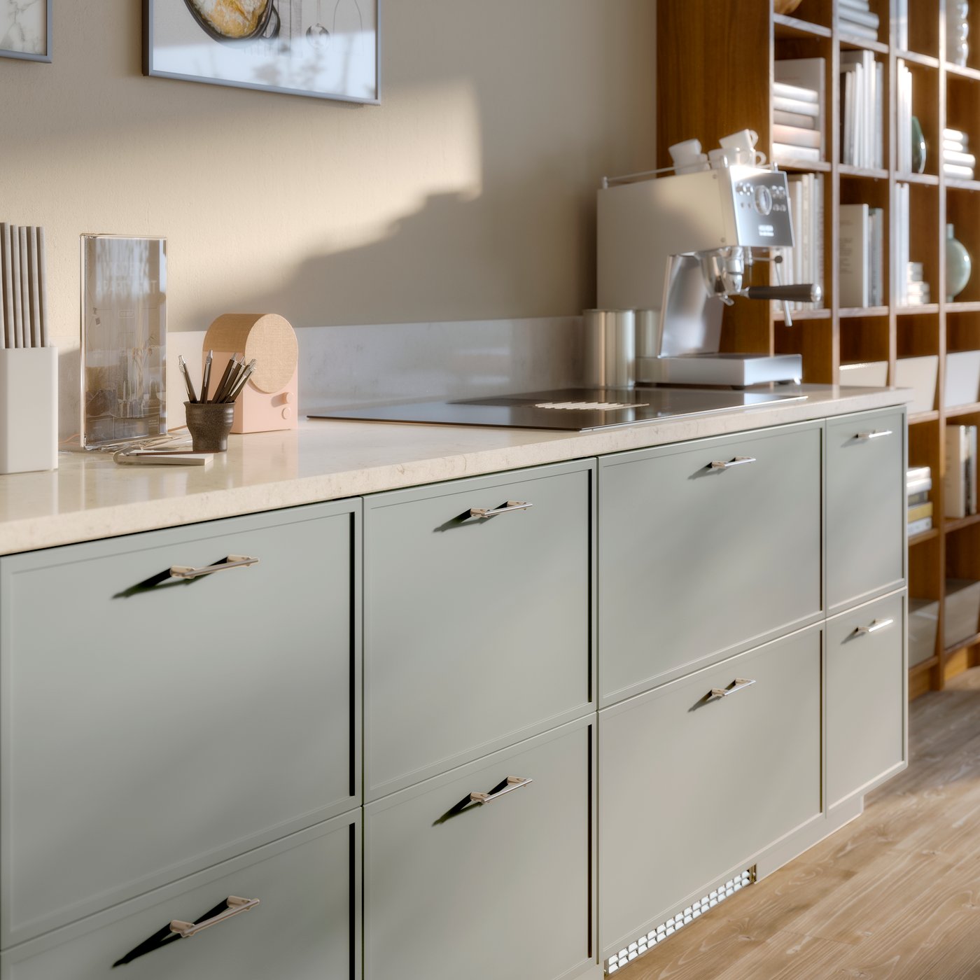 Close-up of a row of kitchen cabinets. There is a coffee machine and a few smaller items on the benchtop.