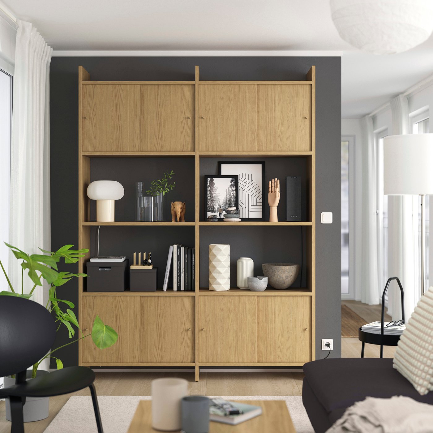 A with 2 shelves/oak effect LÅDMAKARE storage combination w sliding doors