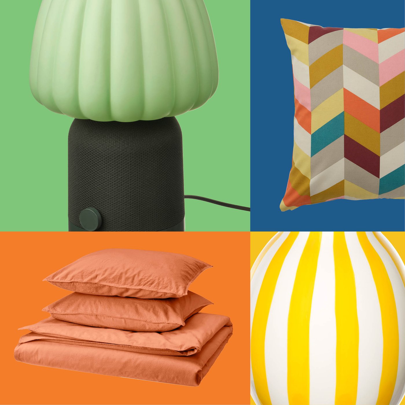 Een gestreepte IKEA-vaas, een kussen met groene ruitjes, een pastelkleurige lamp en warm oranje beddengoed zorgen samen voor een speelse en levendige slaapkamer.