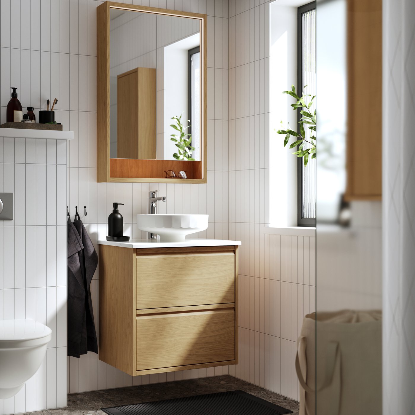 An oak effect/white marble effect LERSJÖN wash-stnd w drawers/wash-basin/tap