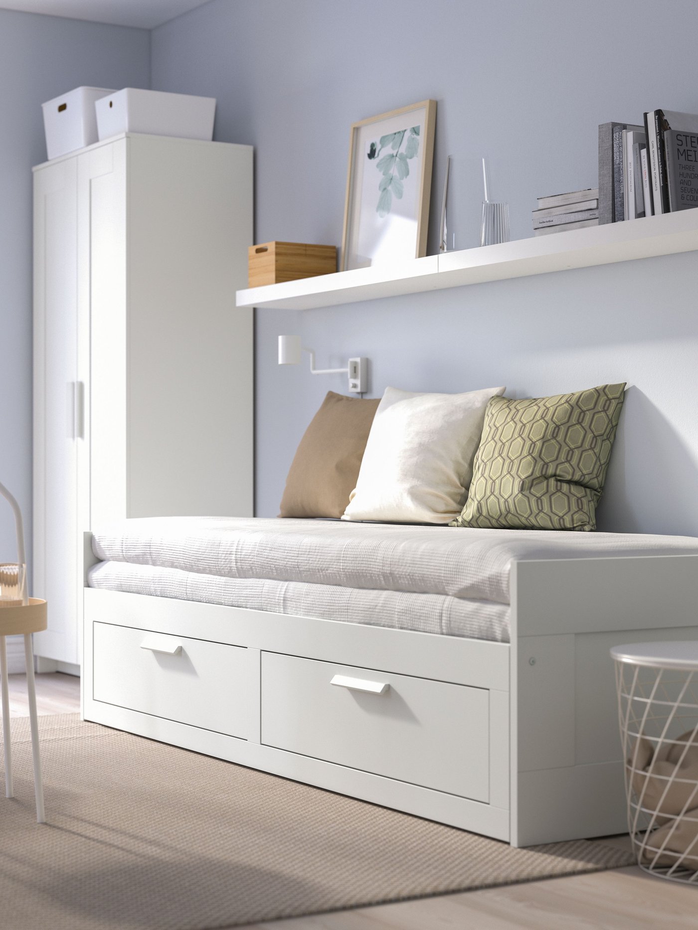 A white BRIMNES day-bed frame with 2 drawers in the living room