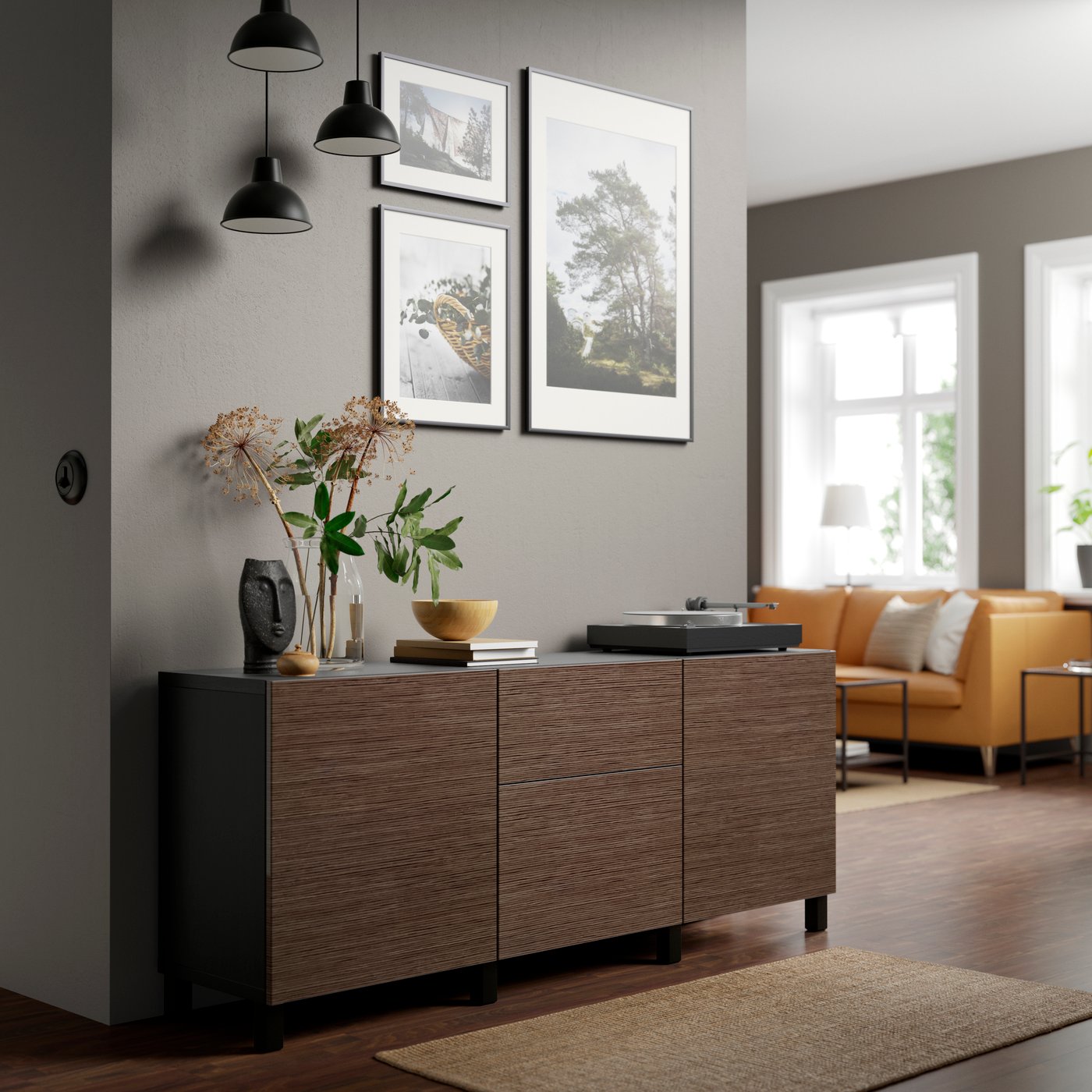 A black-brown/Selsviken/Stubbarp high-gloss/brown BESTÅ storage combination with drawers