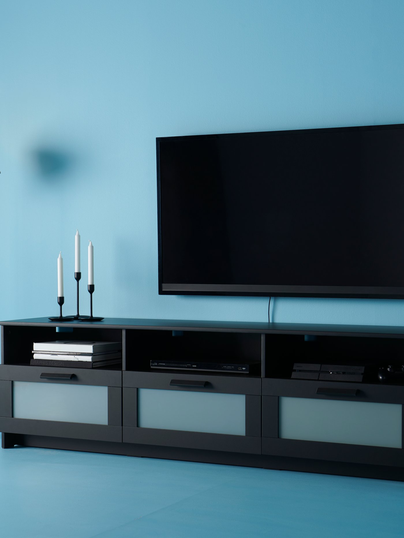 IKEA BRIMNES black TV bench with shelves and storage drawers